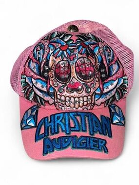 Vintage Christian Audigier Pink Skull Embroidered Trucker Hat